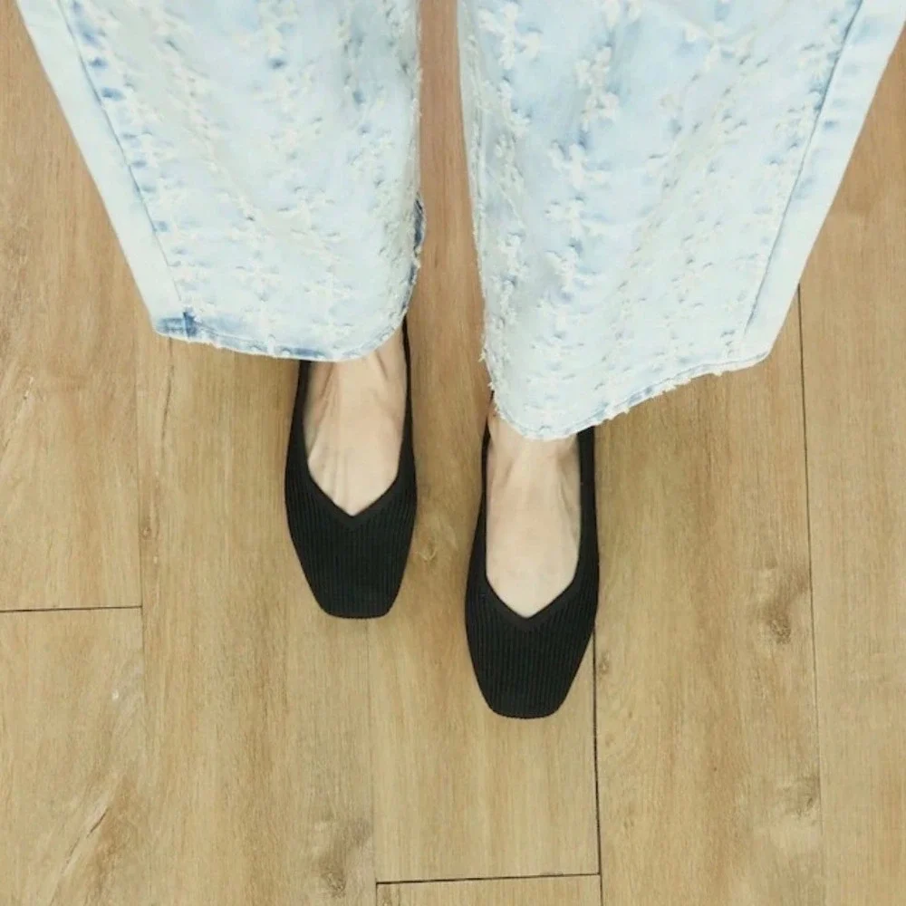 VIVIAI Black Square Toe Flat Ribbed Knit Ballet Margot 2.0 EU 41.5 Womens V Cut‎